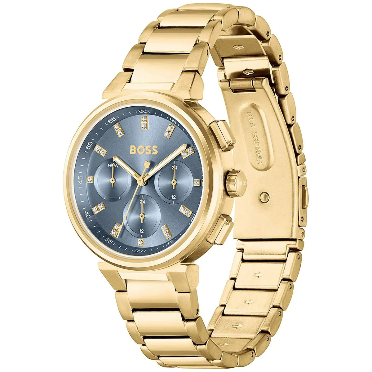 Hugo Boss One women's watch blue dial gold bracelet side angle view