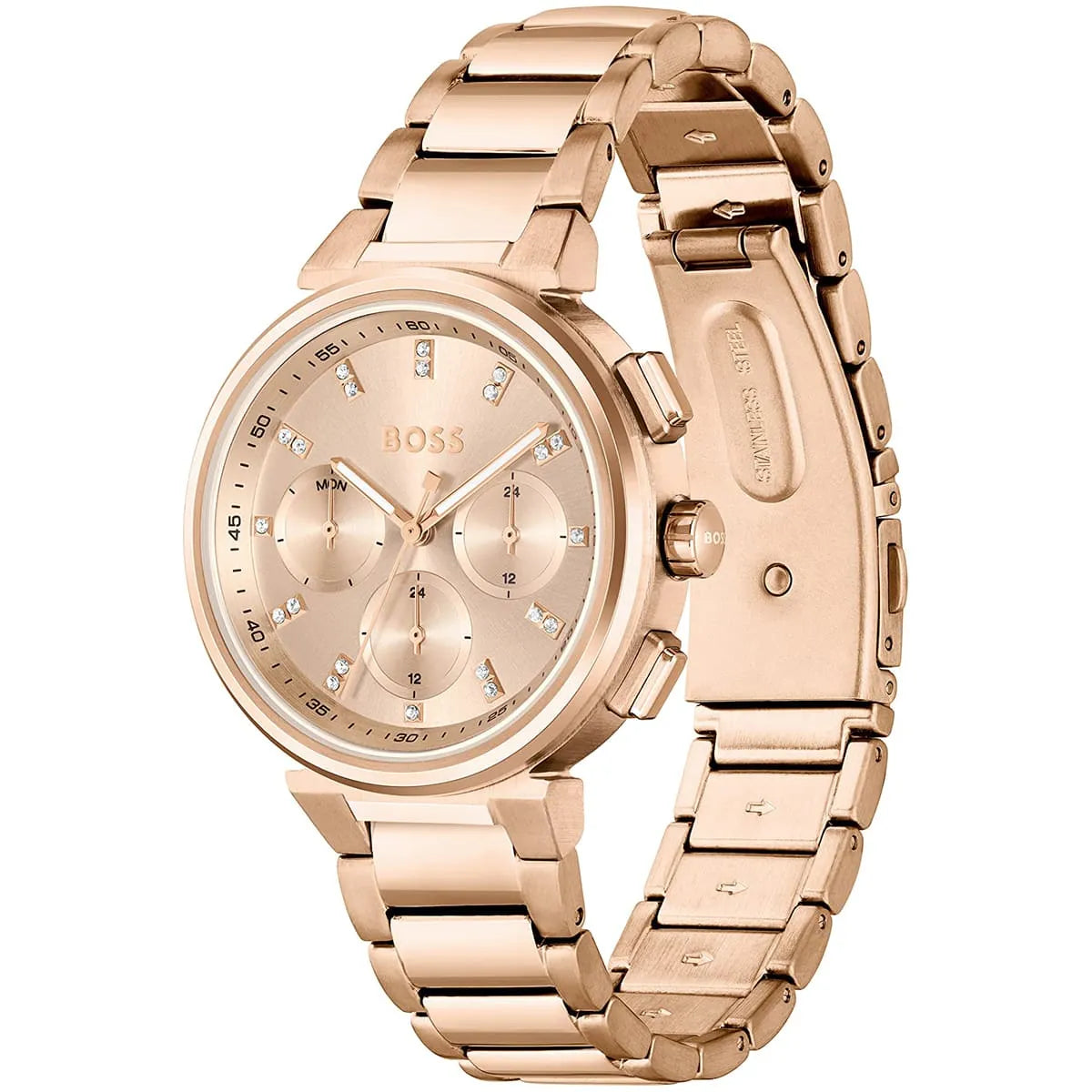 Hugo Boss One rose gold watch shown at angle with diamond indices and chronograph subdials