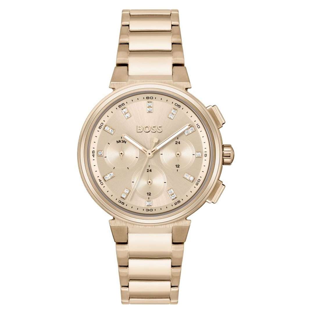 Hugo Boss One rose gold chronograph watch with rose gold dial and stainless steel bracelet