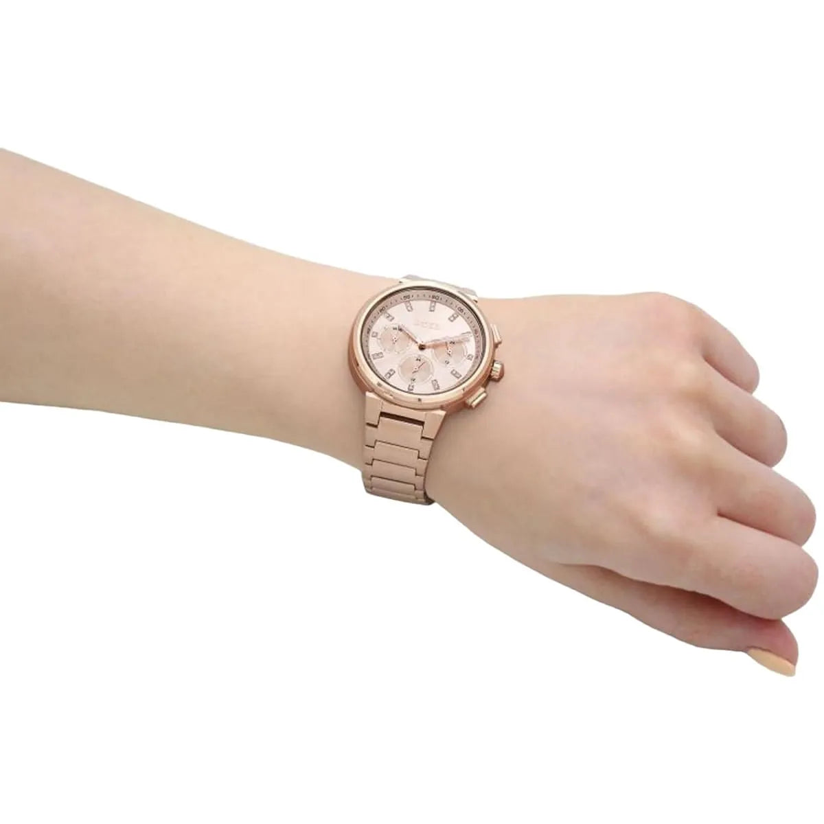 Hugo Boss One rose gold chronograph watch worn on wrist showing rose gold dial and bracelet