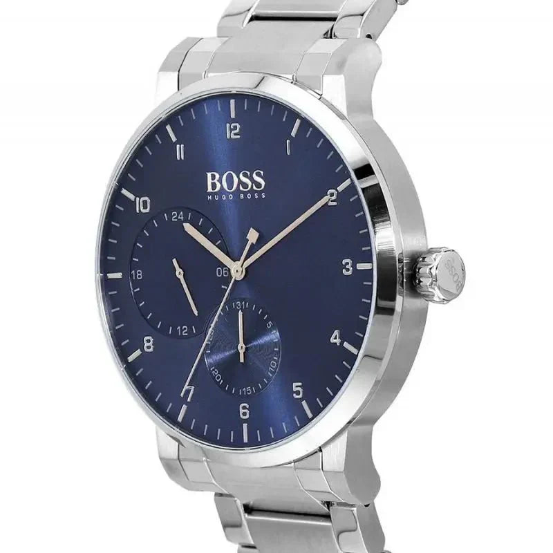 Angled view of Hugo Boss Oxygen watch showcasing chronograph subdials on blue dial