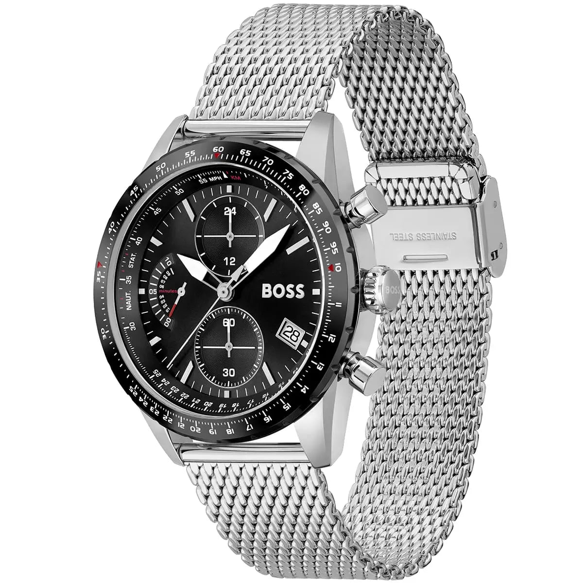 Hugo Boss Pilot Chronograph watch with silver mesh strap angle view