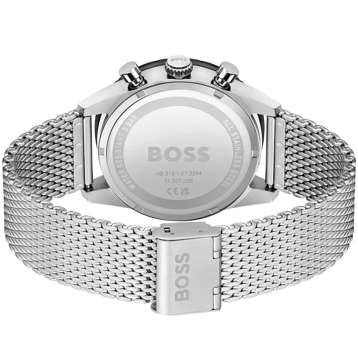 Hugo Boss Pilot Chronograph caseback showing stainless steel with BOSS branding