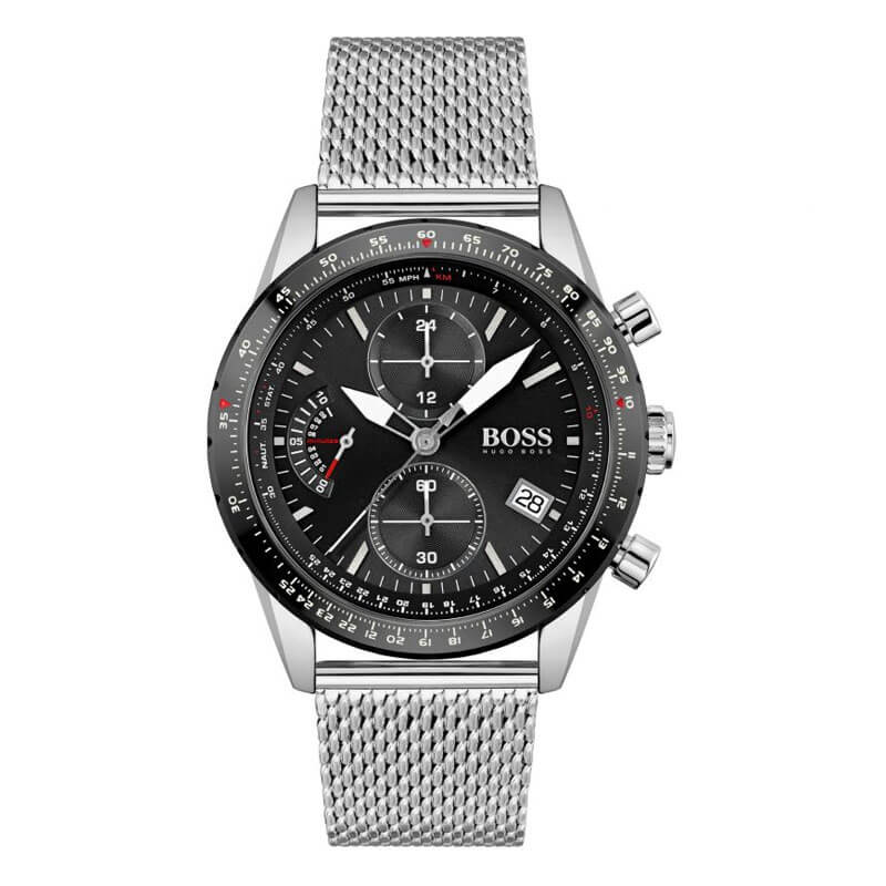 Hugo Boss Pilot Chronograph black dial silver mesh watch front view