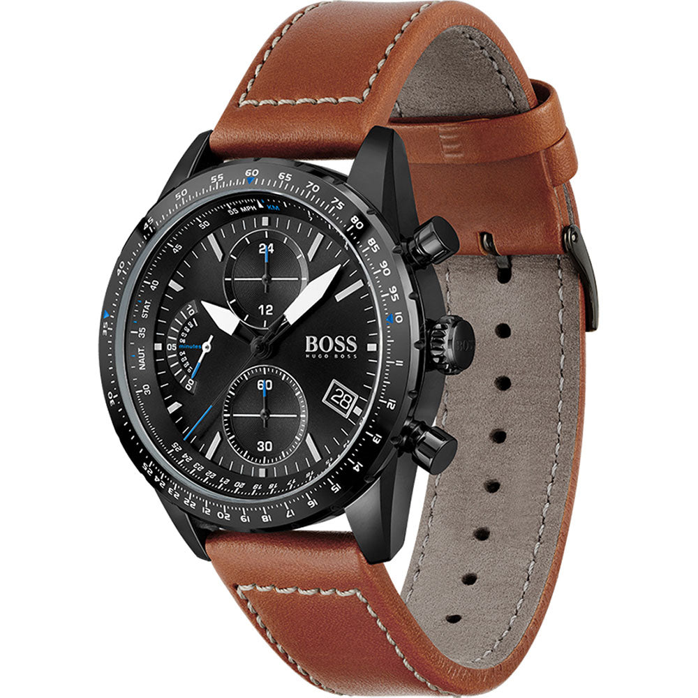 Brown leather strap with contrast stitching and gray suede backing on Hugo Boss Pilot watch