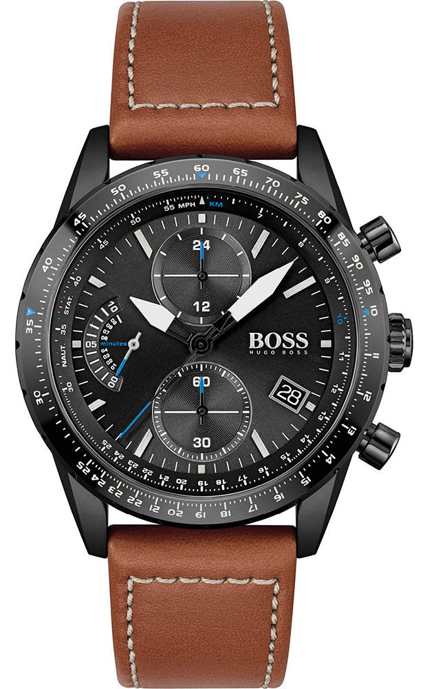 Hugo Boss Pilot Edition chronograph watch with black dial, brown leather strap, and tachymeter bezel