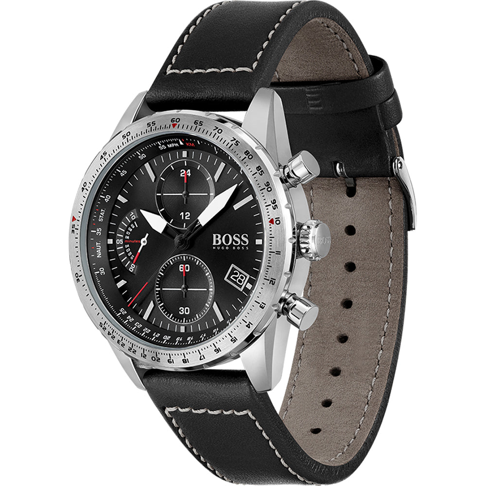 Hugo Boss Pilot Edition watch shown at three-quarter angle with black leather strap and gray suede lining