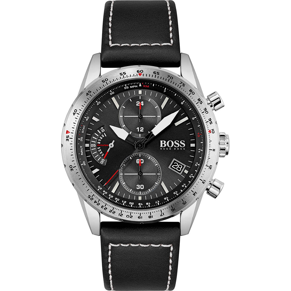 Hugo Boss Pilot Edition men's chronograph watch with black dial and silver stainless steel case
