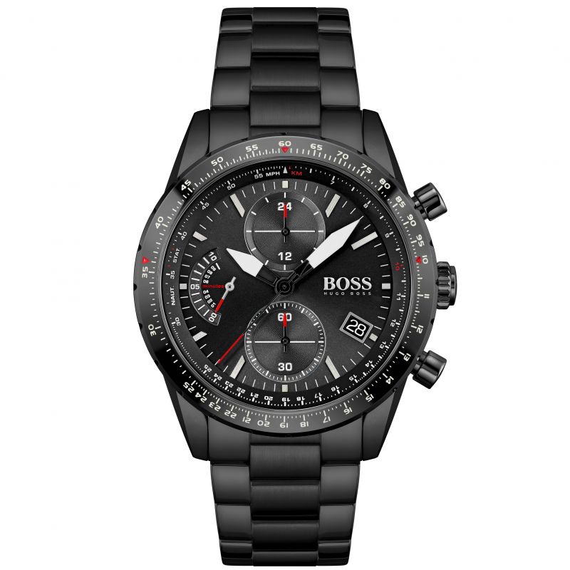 Hugo Boss Pilot Edition black chronograph watch with tachymeter bezel and date window