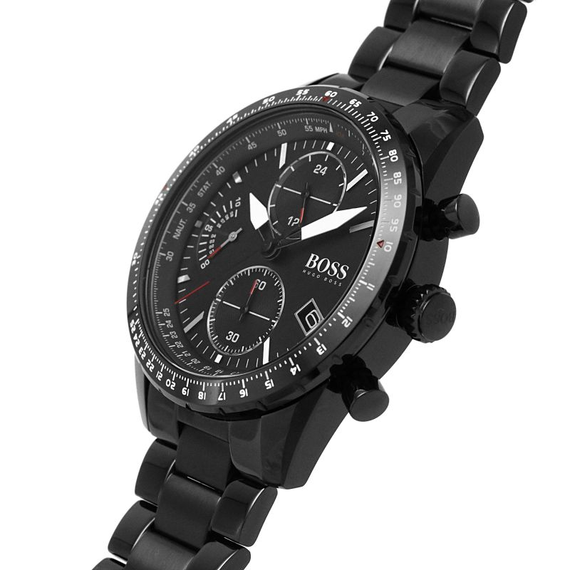 Hugo Boss Pilot Edition chronograph watch side view highlighting case profile and pushers