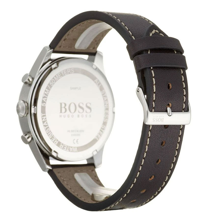 Hugo Boss Pioneer watch caseback showing stainless steel case and black leather strap