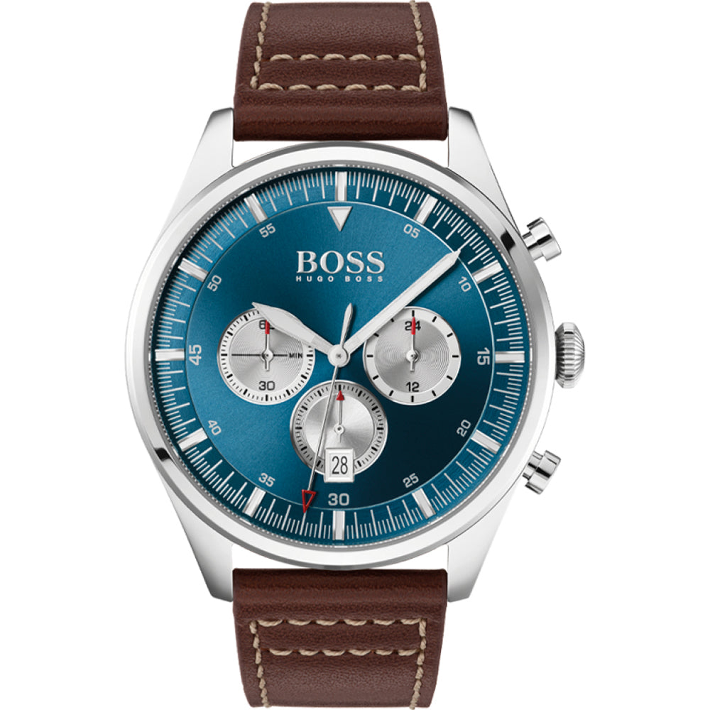 Hugo Boss Pioneer men's watch with blue chronograph dial, silver case, and brown leather strap