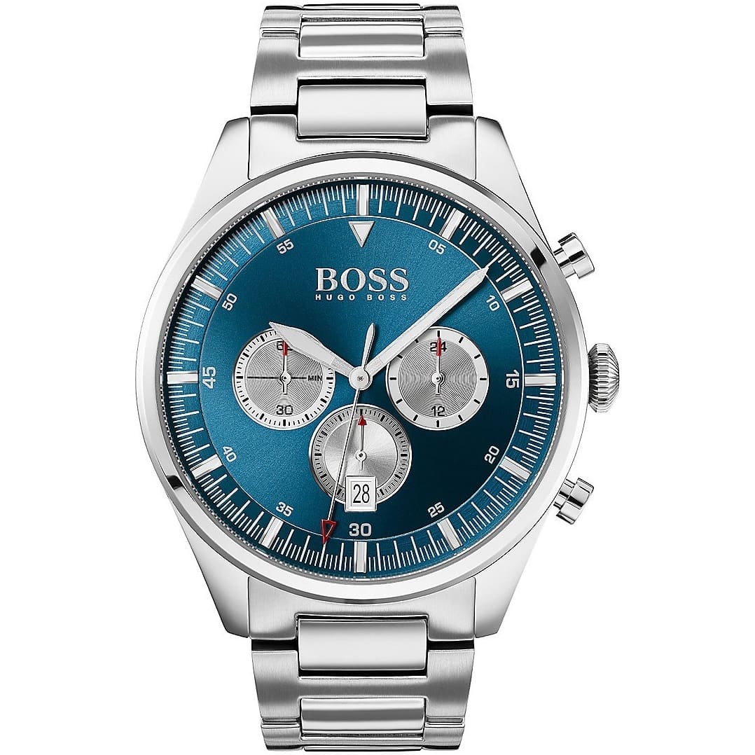 Hugo Boss Pioneer chronograph watch with blue dial and stainless steel bracelet