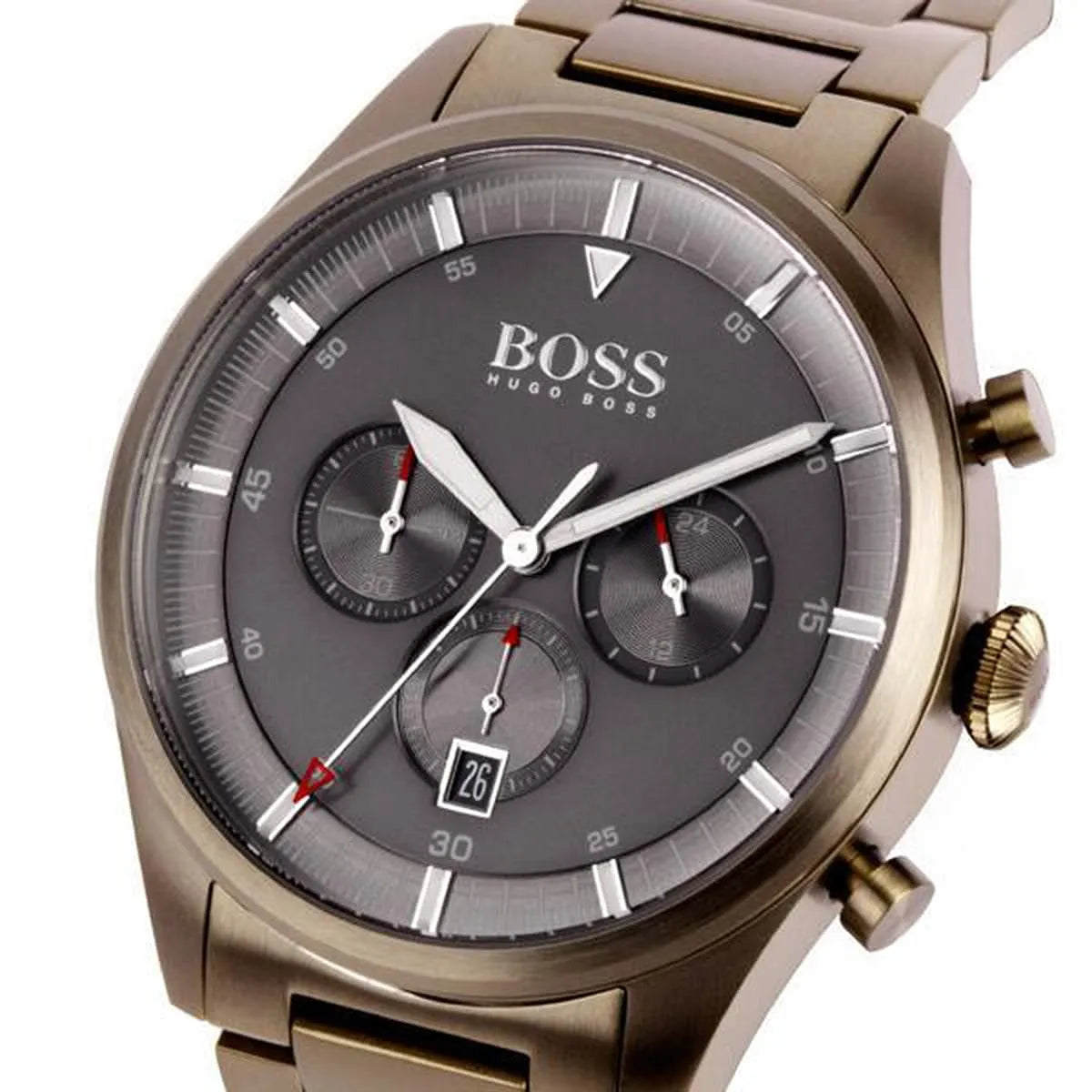 Hugo Boss Pioneer chronograph watch angle view showing gray dial and three sub-dials