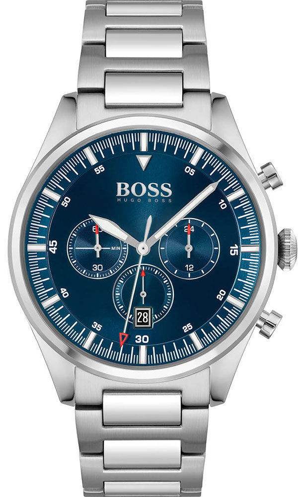Hugo Boss Pioneer stainless steel watch with blue dial and three subdials
