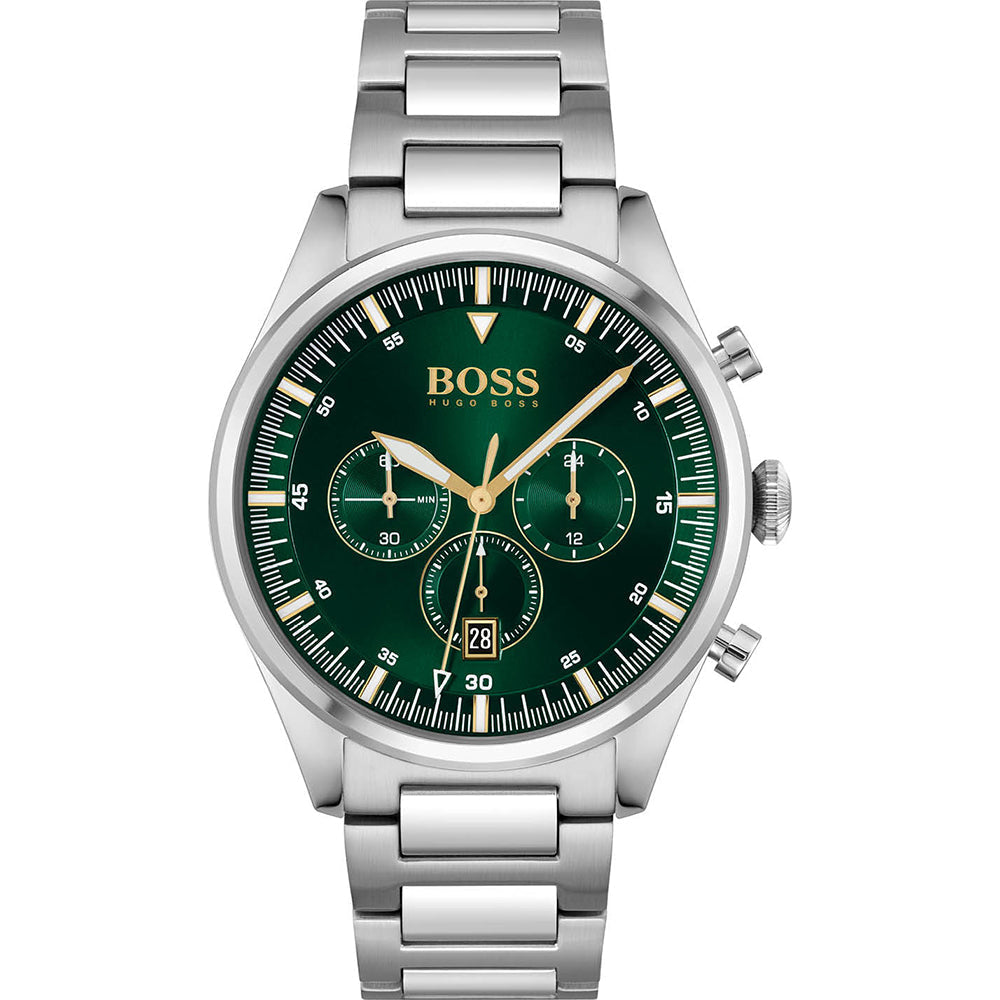 Hugo Boss Pioneer green dial chronograph men's watch with stainless steel bracelet