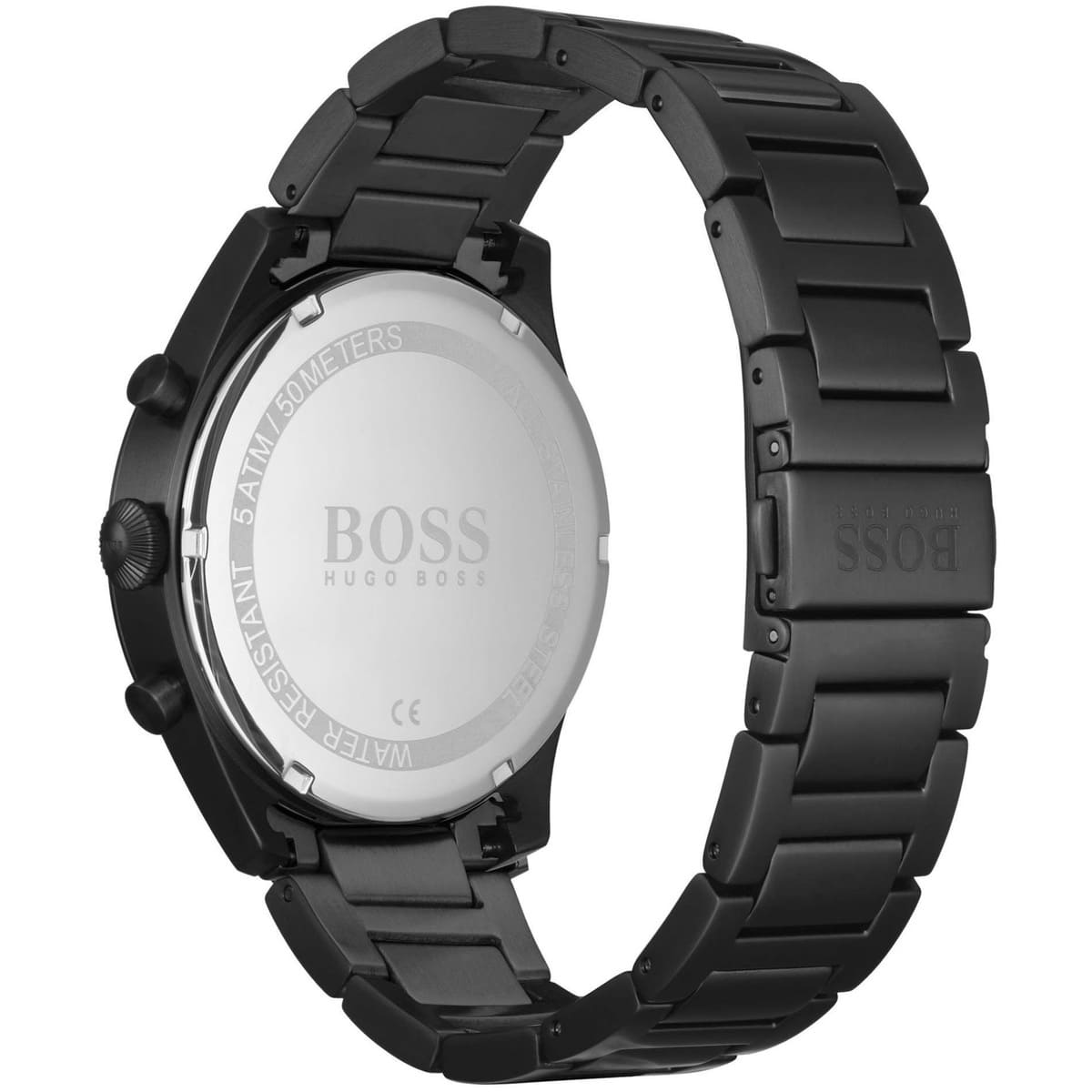 Back of Hugo Boss Pioneer watch showing stainless steel caseback with logo