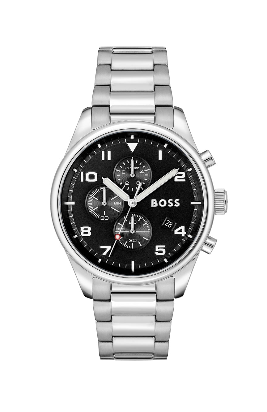 Hugo Boss silver chronograph women's watch with black dial and steel bracelet