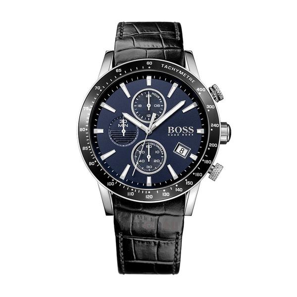 Hugo Boss Rafale chronograph watch with blue dial and black leather strap, front view