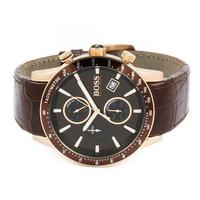 Hugo Boss Rafale Chronograph watch side angle view showing brown dial and rose gold case