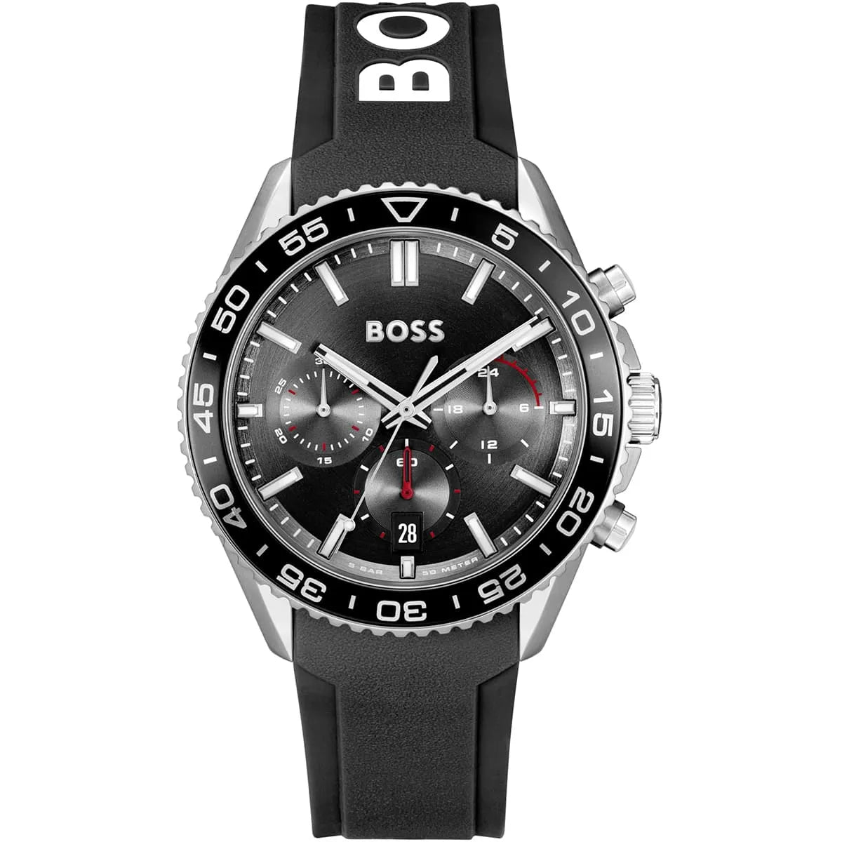 Hugo Boss Runner black dial chronograph watch with silver-tone case and black rubber strap