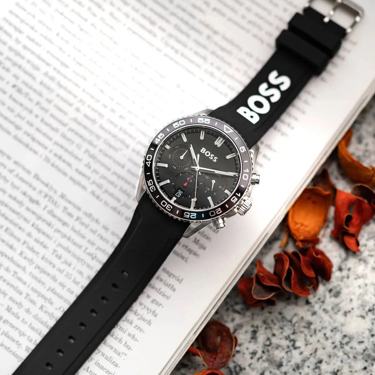Hugo Boss Runner chronograph watch worn on wrist with black rubber strap
