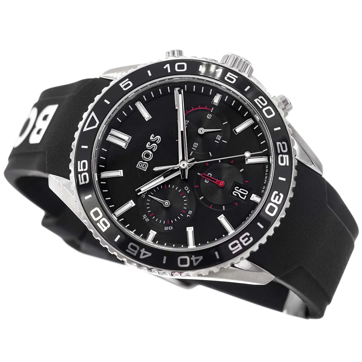 Hugo Boss Runner watch side view displaying chronograph pushers and black rubber strap