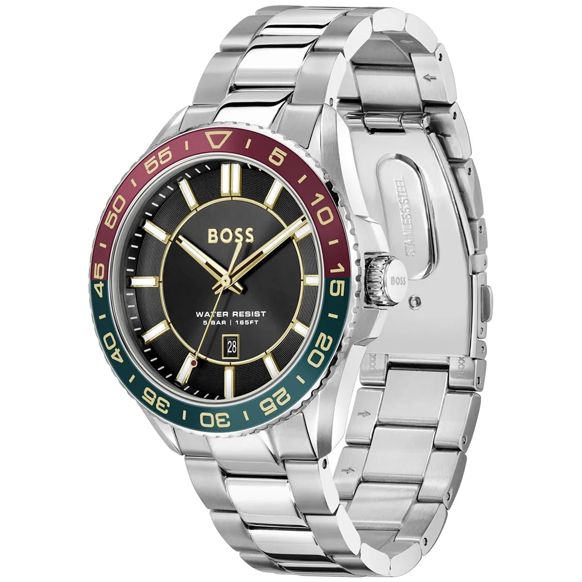 Hugo Boss Runner watch side angle showing stainless steel bracelet and case profile