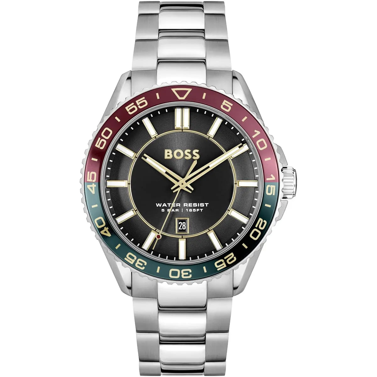 Hugo Boss Runner watch with black dial, colorful bezel, three-hand analog movement, and stainless steel strap