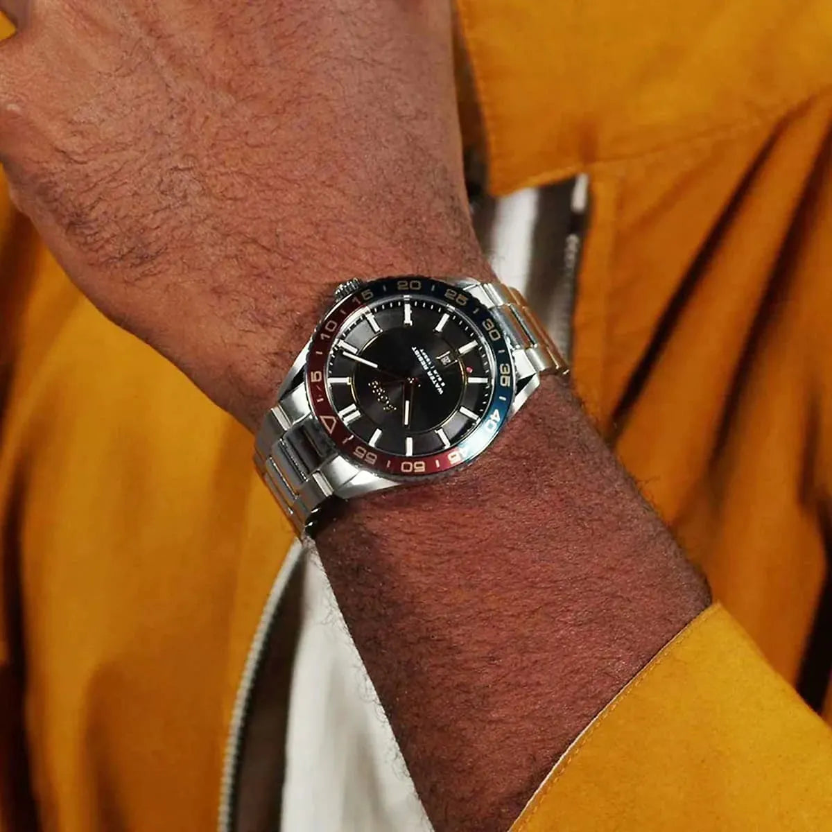 Hugo Boss Runner watch worn on wrist showing dial and bezel design in natural light
