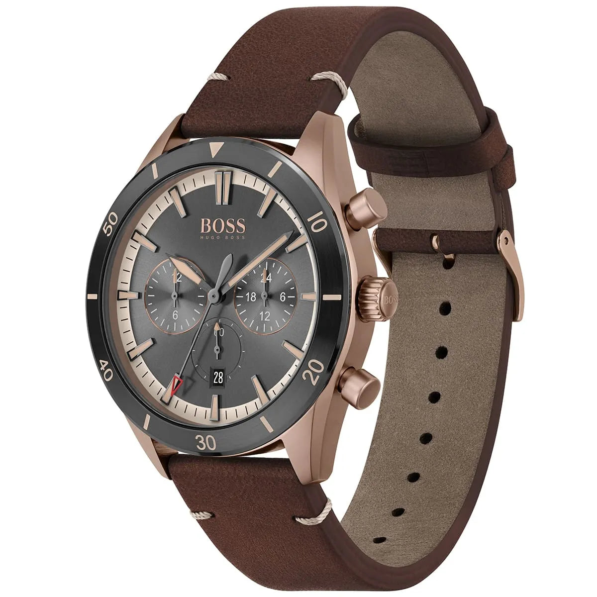 Hugo Boss Santiago chronograph watch angled view showing grey dial and brown leather strap