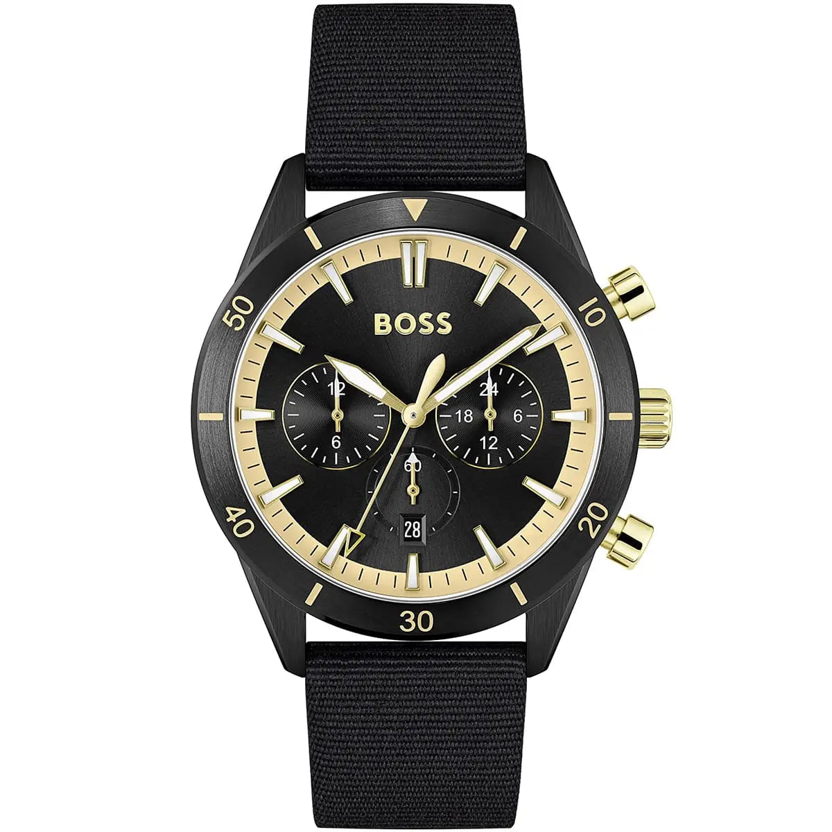 Front view of Hugo Boss Santiago 44mm chronograph with black dial and gold tone elements
