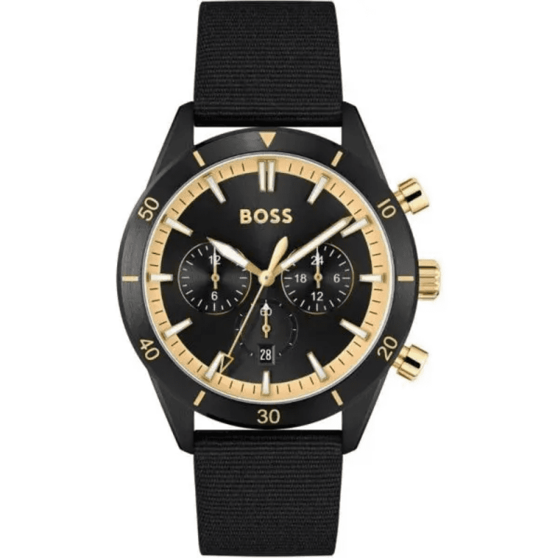 Hugo Boss Santiago chronograph watch with black dial and gold bezel on black fabric strap
