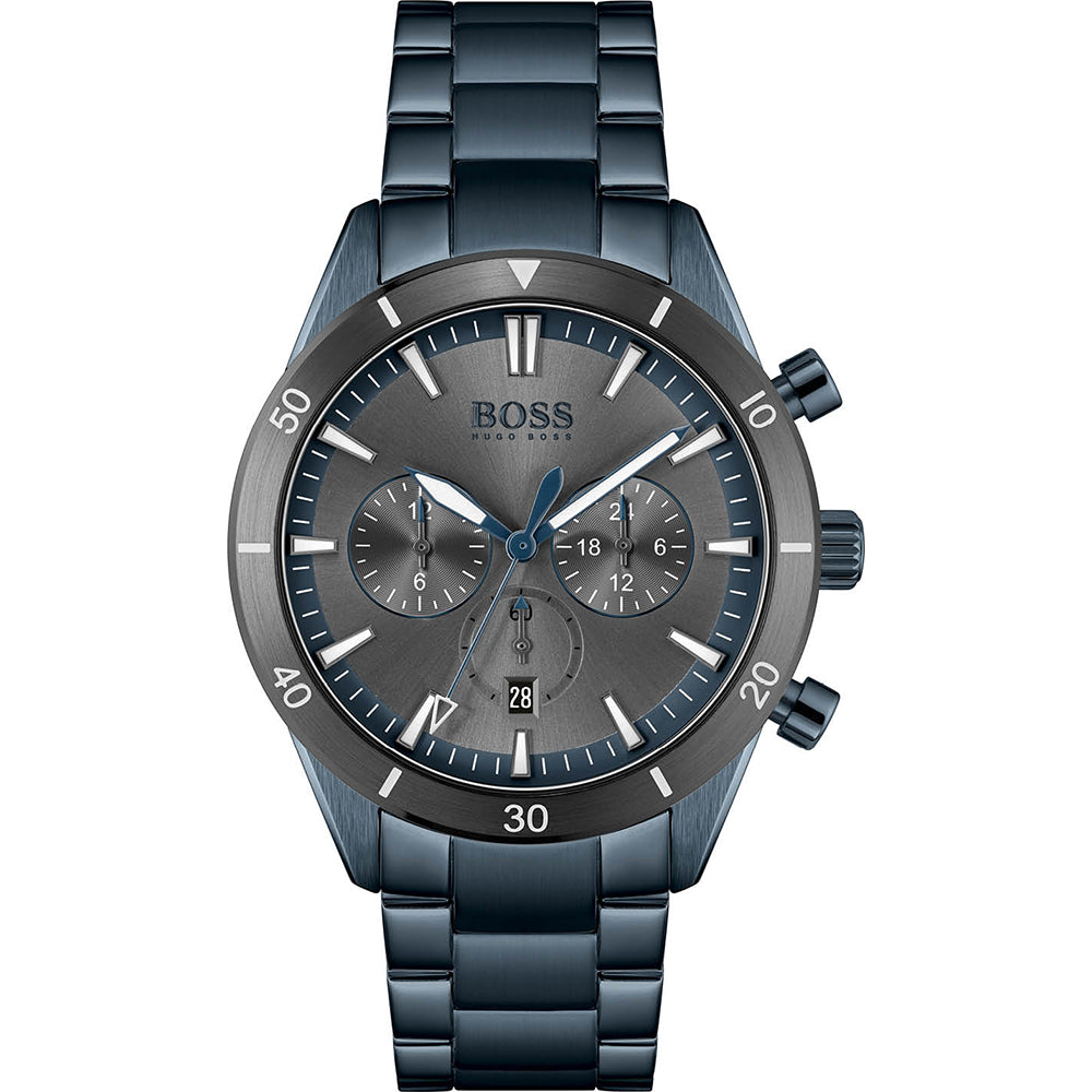 Hugo Boss Santiago blue chronograph men's watch with dark dial and steel bracelet