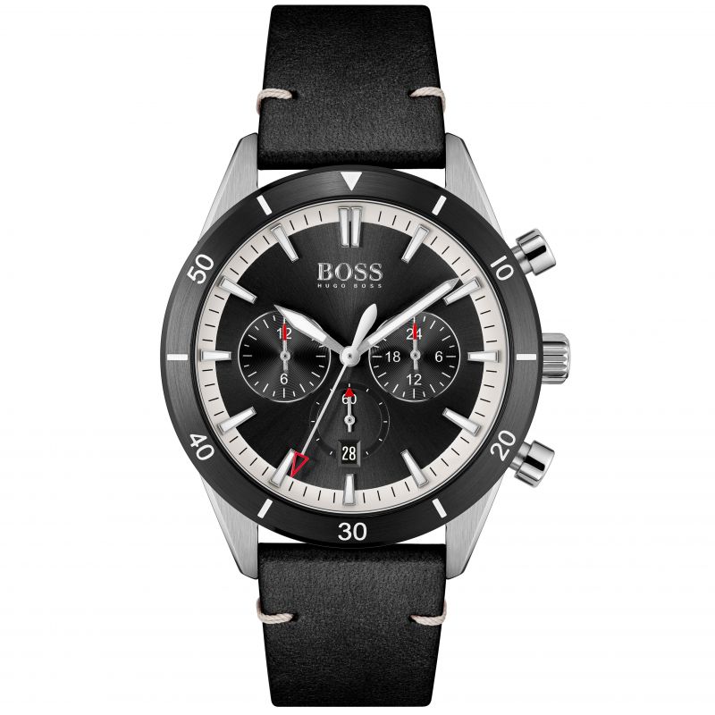 Hugo Boss Santiago chronograph men's watch with black dial and leather strap