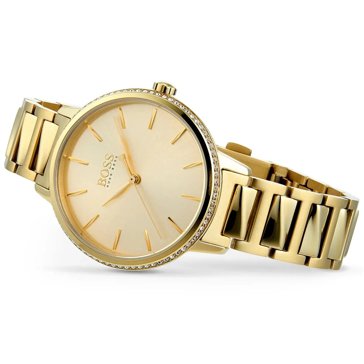 Hugo Boss Signature women's watch three-quarter view with crystal-set bezel detail