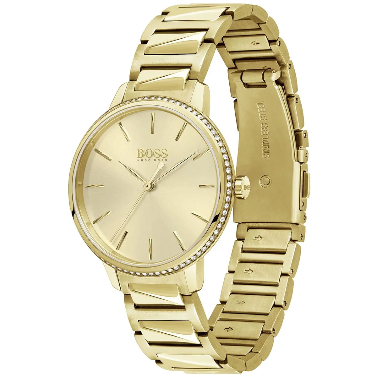 Hugo Boss Signature women's watch angled view showing gold dial and metal bracelet