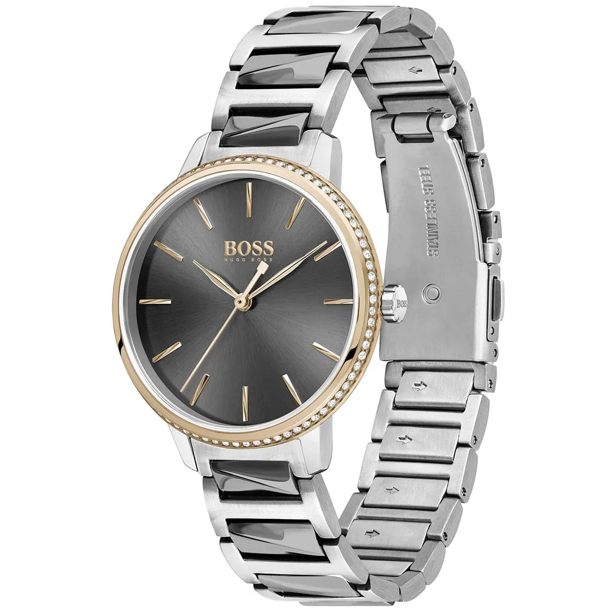 Hugo Boss Signature watch at angle showing grey dial, rose gold bezel, and metal strap