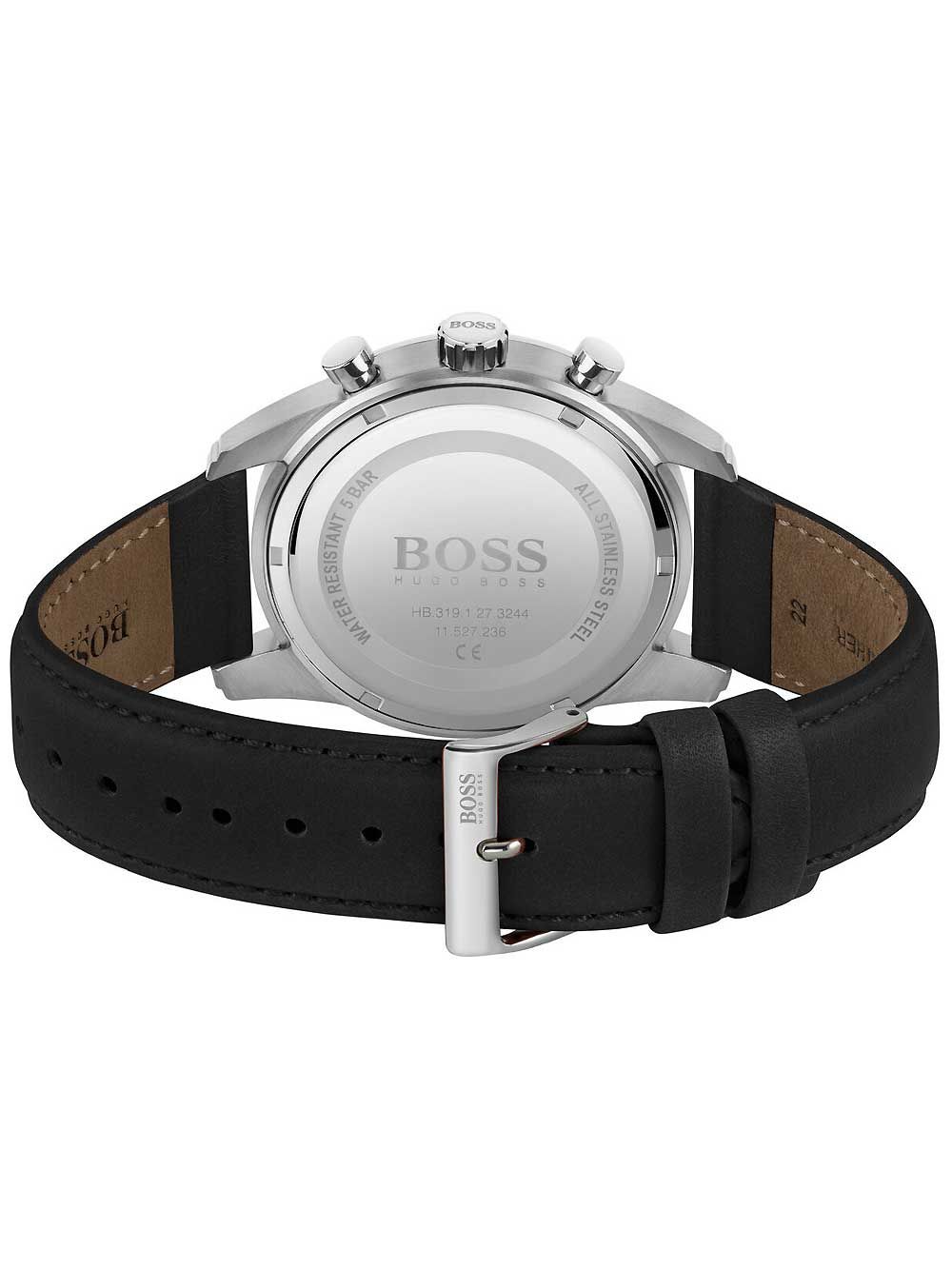Hugo Boss Skymaster watch worn on wrist showing back view and leather strap detail
