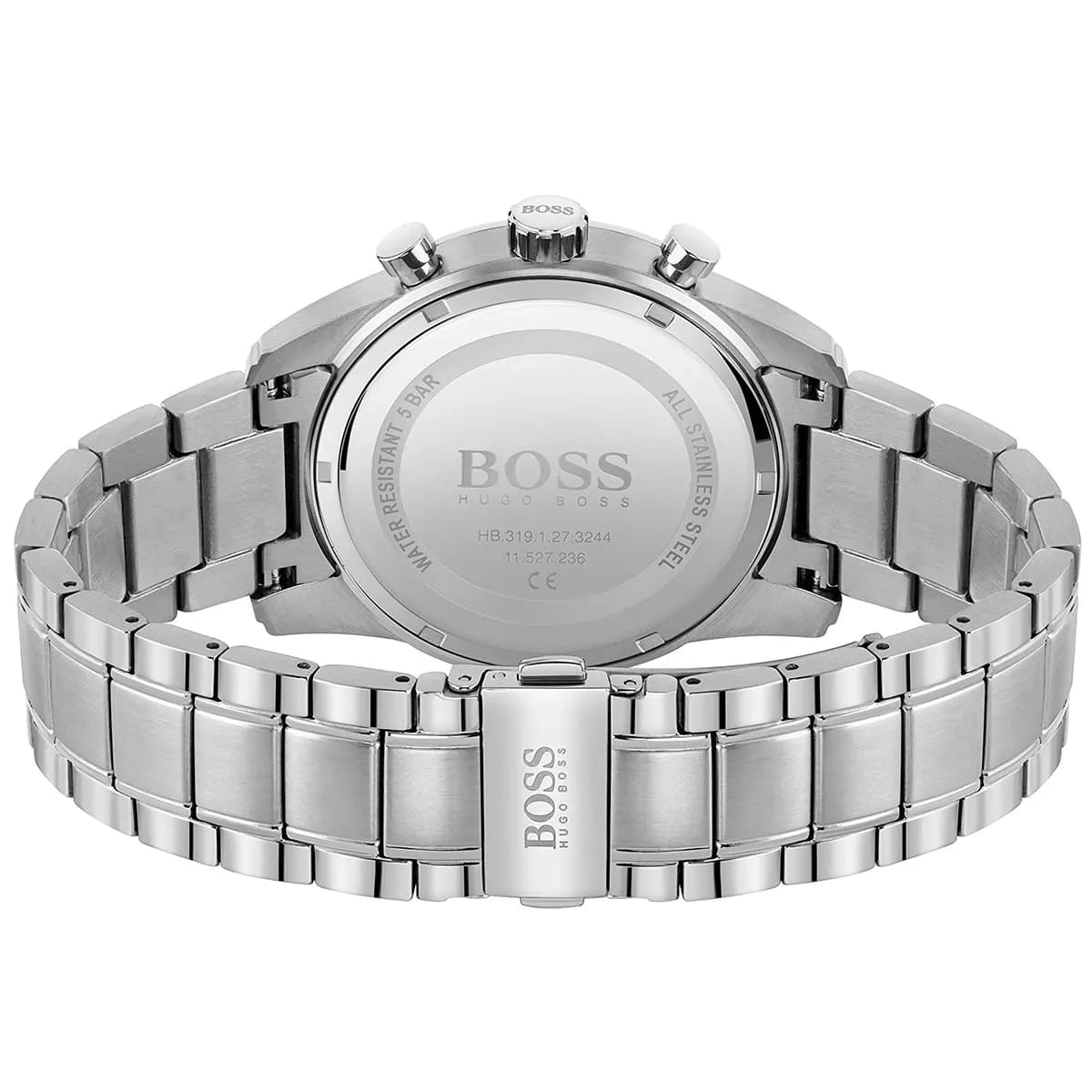 Hugo Boss Skymaster caseback showing silver stainless steel with engraved BOSS branding