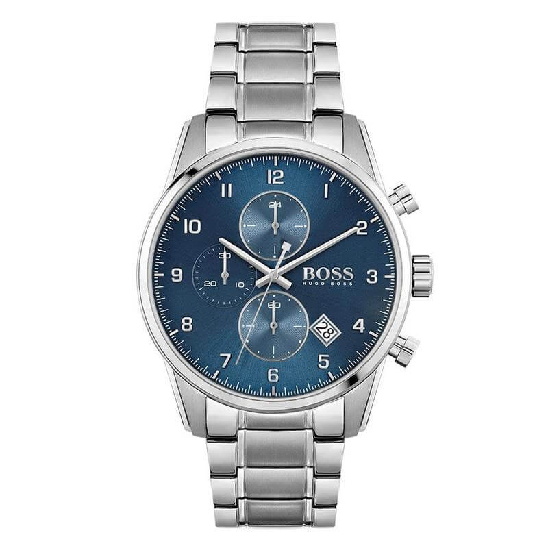 Hugo Boss Skymaster chronograph watch with blue dial and silver steel bracelet
