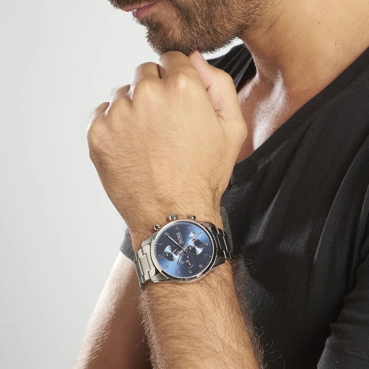 Hugo Boss Skymaster chronograph men's watch with blue dial on wrist