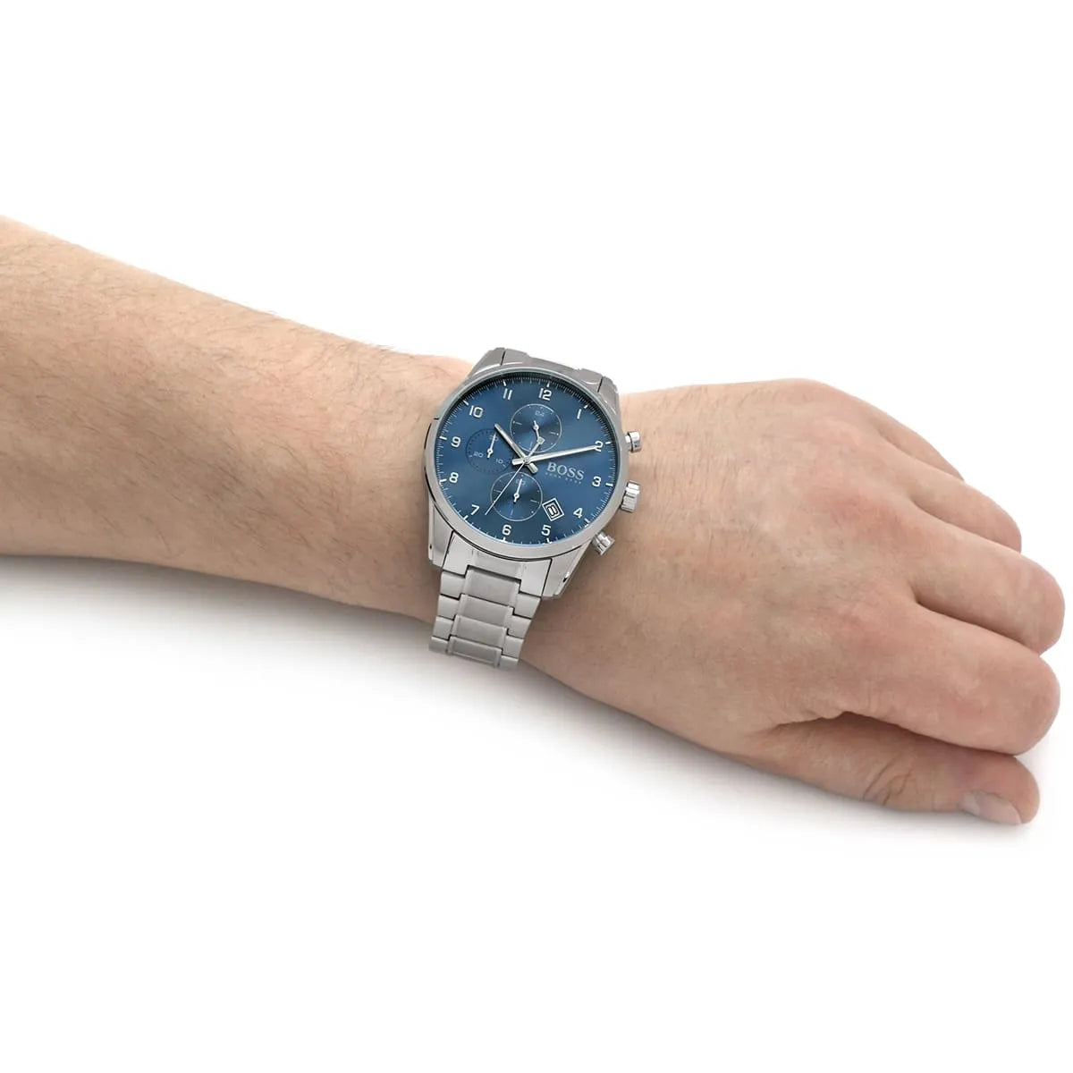 Hugo Boss Skymaster chronograph watch with blue dial on male wrist
