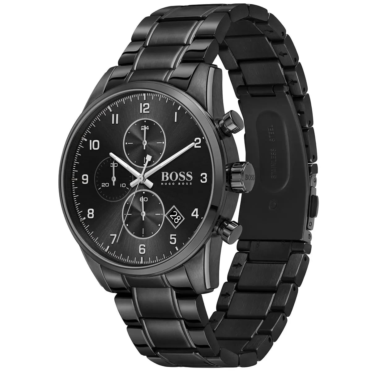 Hugo Boss Skymaster watch displaying black metal bracelet and case detail