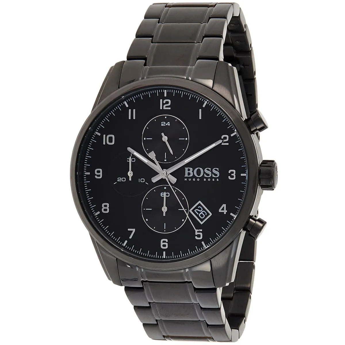 Hugo Boss Skymaster watch angled view showing black dial and stainless steel bracelet