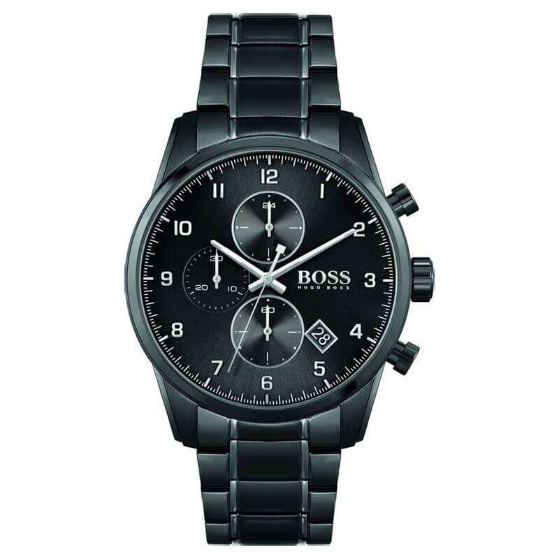 Hugo Boss Skymaster black chronograph watch with black dial and metal bracelet