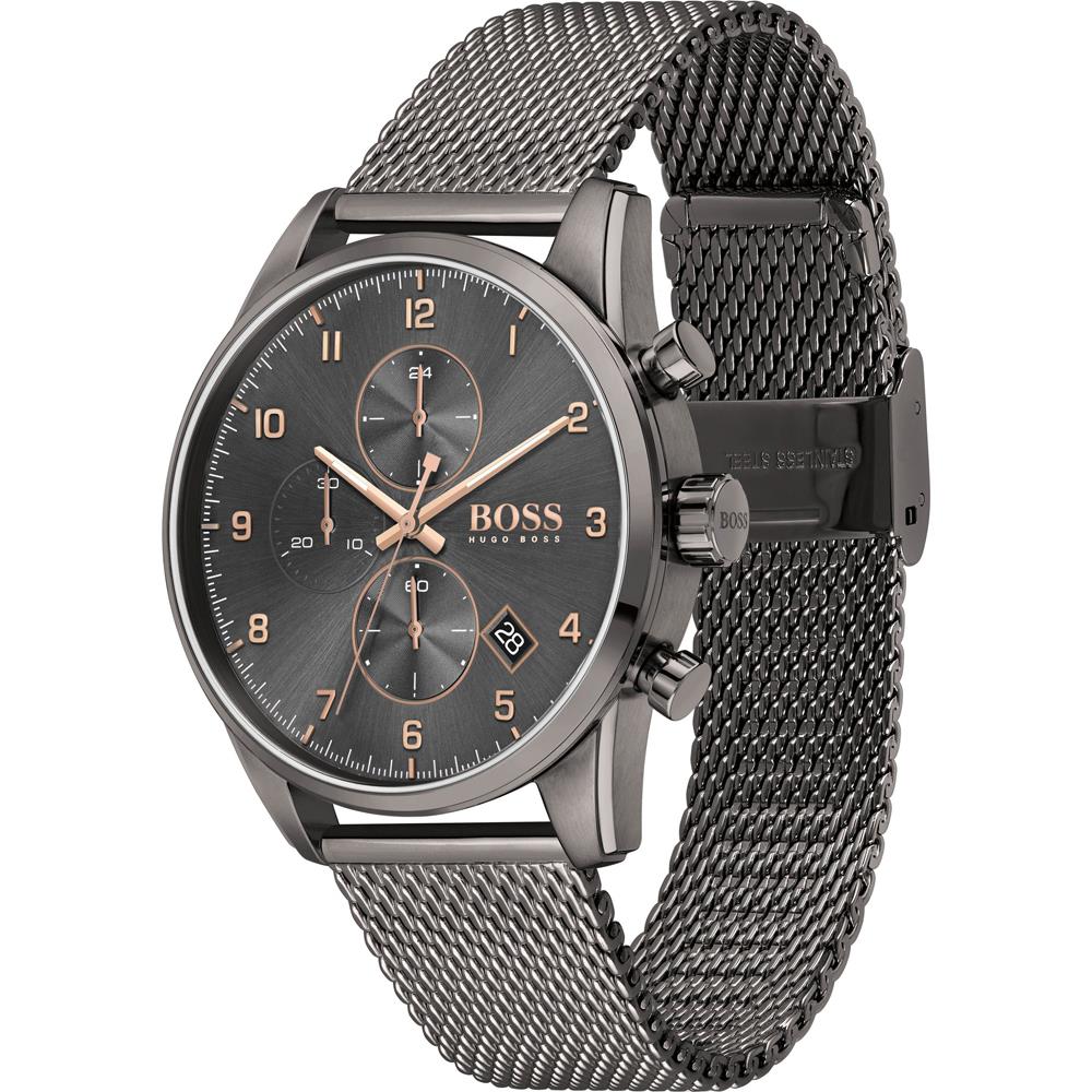 Hugo Boss Skymaster watch on wrist showing grey mesh strap and chronograph subdials