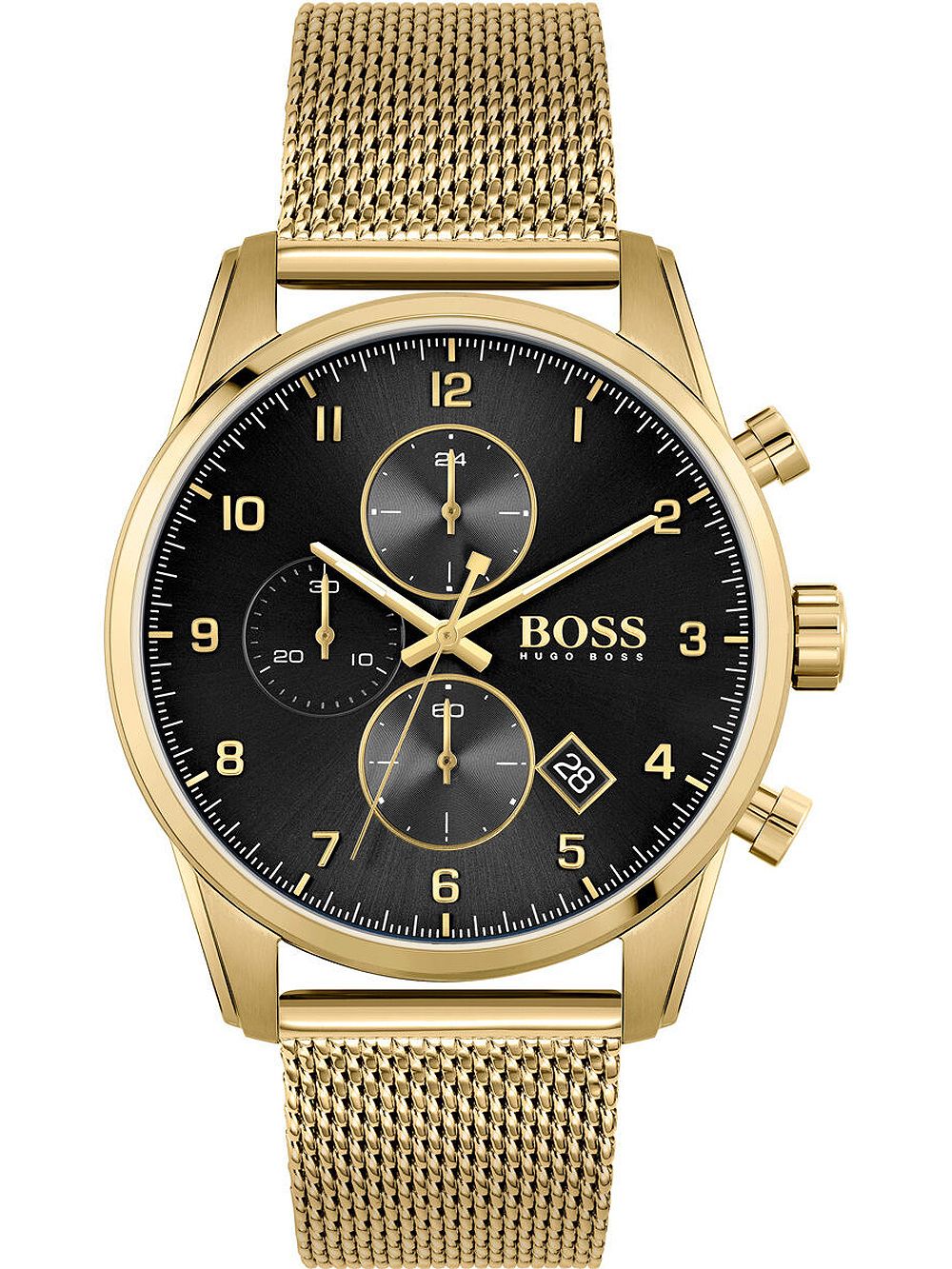 Hugo Boss Skymaster gold mesh chronograph watch with black dial and gold hands