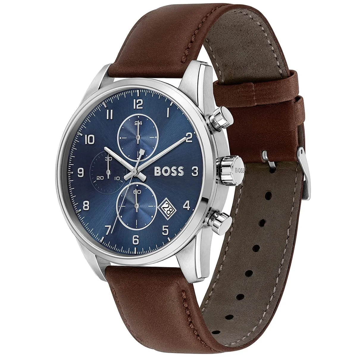 Hugo Boss Skymaster watch side angle view showing brown leather strap and chronograph subdials