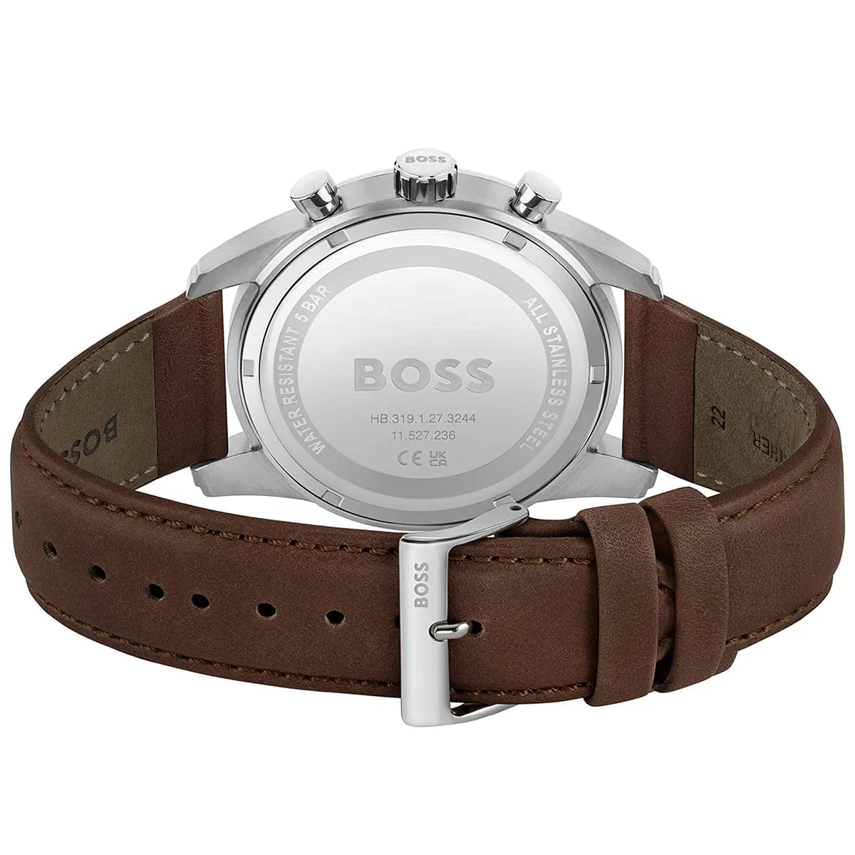 Hugo Boss Skymaster caseback showing engraved BOSS logo and watch specifications